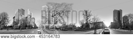 Frankfurt, Germany - Bebruary 27, 2018:  Panorama Perspective Of Skyscraper In The Banking Center Of