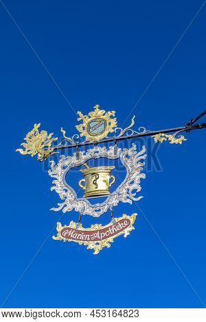 Rothenburg Ob Der Tauber, Germany - April 6, 2018: Sign For Marien Apotheke - Engl. Mary Pharmacy At