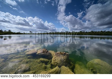 Submerged Boulders Along Shore Of Pine Glades Lake In Everglades National Park, Florida Clearly Visi