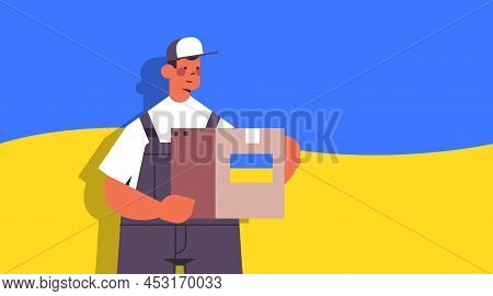 Deliveryman Holding Help Box With Ukraininan Flag Humanitarian Aid Material Assistance Governmental 