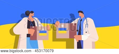 Doctors Holding Help Boxes With Medical Supplies Humanitarian Aid Material Assistance Governmental H