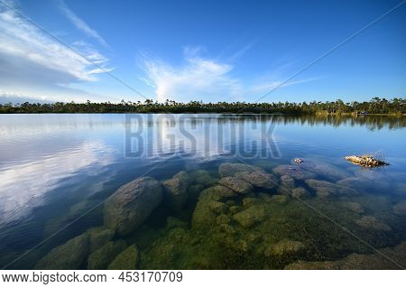 Submerged Boulders Along Shore Of Pine Glades Lake In Everglades National Park, Florida Clearly Visi