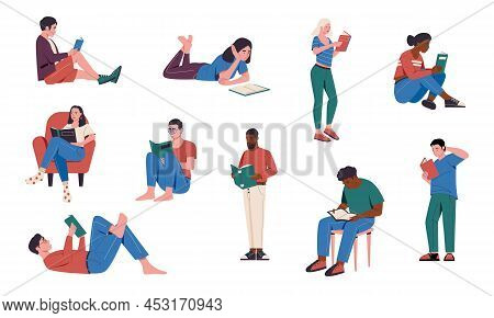 Book Lovers. People Holding Books, Cartoon Characters Reading Brochures And Magazines, Vector Set Of
