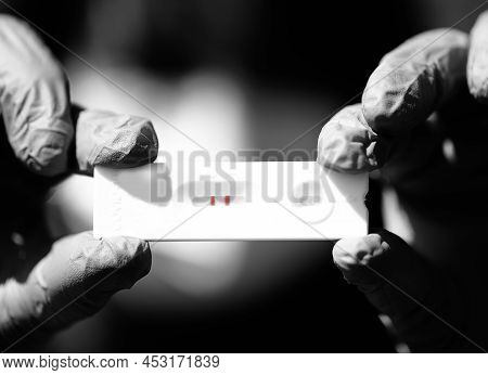 Gloved Hands Holding Two-line Test Stick Indicating Corona Virus Positivity And Nasal Swab Used For 