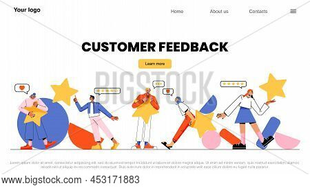 Customer Feedback Landing Page. People Holding Stars, Rating, Consumer Review, Evaluation, Satisfact