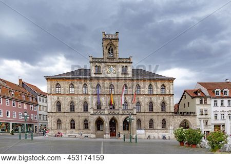 Weimar, Germany - July 28, 2018: Facade Of Famous Town Hall In Weimar, Germany.