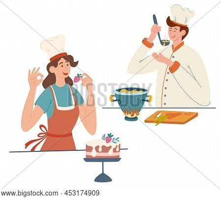 Cooks. People Cook On The Kitchen Table. Young Girl And A Guy Cook. Pastry Chef, Cook, Cooking Conce