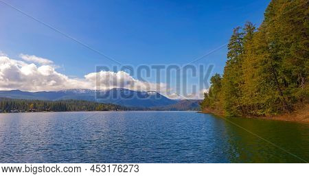 Scenic view from Sproat Lake provincial park with mountain and cloudscape in Vancouver Island, BC, Canada