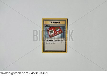 Prague, Czech Republic - April 3 2022: Pokedex Trainer Card From First Set Of Pokemon Cards - Base S