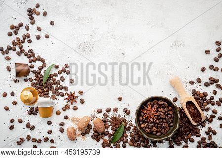Coffee Beans Background And Copy Space For Design.