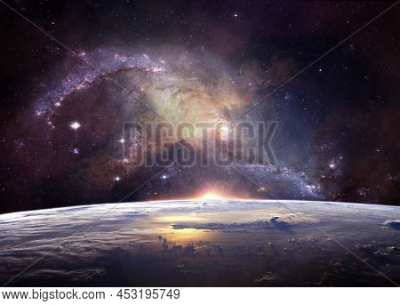 Landscape With Milky Way Galaxy. Sunrise And Earth View From Space With Milky Way Galaxy. (elements 