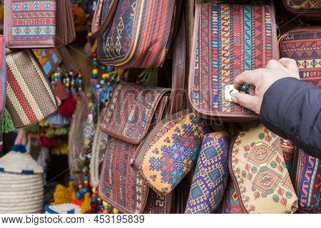 Masuleh, Iran - December 22, 2017 Handcrafting Bags At Bazaar For Sale. Gilan Province
