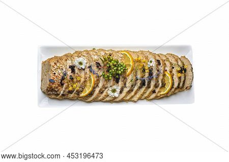 Sliced Stuffed Fish, On A Plate, Isolate On White