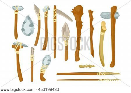 Ancient Tools From Bones And Stones Vector Illustrations Set. Primitive Weapons Of Prehistoric Peopl