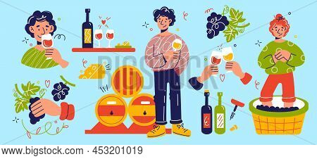 People Winemakers. Grape Harvest, Winegrowers And Sommeliers Characters, Natural Winery Product, Mak