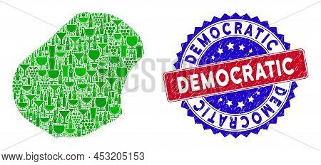 Vector Collage Of Wine Nauru Map With Grunge Bicolor Democratic Stamp. Red And Blue Bicolored Imprin