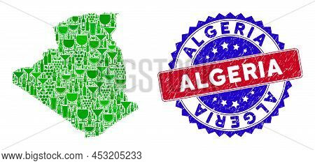 Vector Collage Of Wine Algeria Map With Grunge Bicolor Algeria Seal Stamp. Red And Blue Bicolored Se