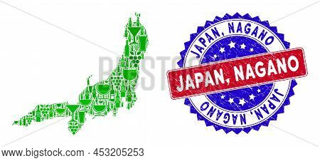 Vector Combination Of Wine Honshu Island Map With Grunge Bicolor Japan, Nagano Seal. Red And Blue Bi
