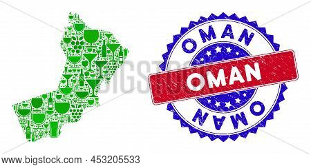 Vector Composition Of Wine Oman Map With Grunge Bicolor Oman Stamp. Red And Blue Bicolored Stamp Wit