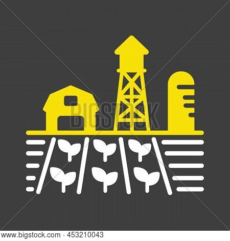 Farm Landscape With Barn, Windpump, Seedling And Water Tower Vector Glyph Icon. Agriculture Sign. Gr