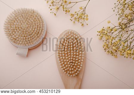 Dry Massage Brush With Natural Bristle. Scin Care Concept