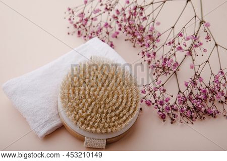 Dry Massage Brush With Natural Bristle And Towel. Scin Care Concept