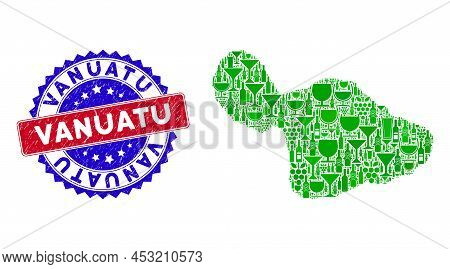 Vector Collage Of Wine Maui Island Map And Grunge Bicolor Vanuatu Stamp. Red And Blue Bicolored Wate