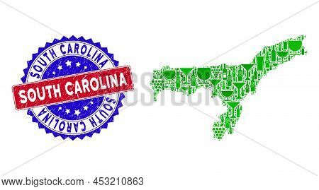 Vector Collage Of Wine Assam State Map And Grunge Bicolor South Carolina Seal Stamp. Red And Blue Bi