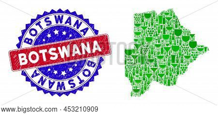 Vector Collage Of Wine Botswana Map With Grunge Bicolor Botswana Seal Stamp. Red And Blue Bicolored 