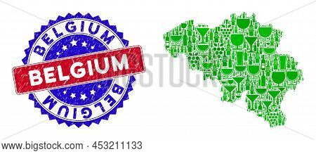 Vector Collage Of Wine Belgium Map With Grunge Bicolor Belgium Seal Stamp. Red And Blue Bicolored Im