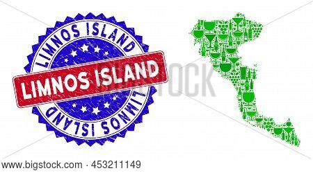 Vector Collage Of Wine Greek Corfu Island Map And Grunge Bicolor Limnos Island Seal. Red And Blue Bi