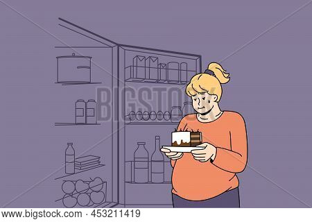 Fat Woman Holding Piece Of Cake Thinking Of Eating Sweet Stuff. Obese Female Near Open Fridge Overea