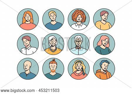 Set Of Headshot Avatars Of People Of Different Ages And Genders. Head Portraits Of Men And Women Fac