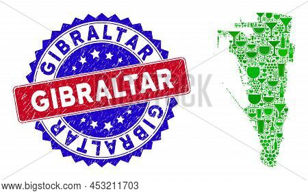 Vector Collage Of Wine Gibraltar Map With Grunge Bicolor Gibraltar Seal Stamp. Red And Blue Bicolore
