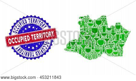 Vector Collage Of Wine Amazonas State Map And Grunge Bicolor Occupied Territory Seal. Red And Blue B