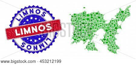 Vector Collage Of Wine Limnos Greek Island Map And Grunge Bicolor Limnos Seal. Red And Blue Bicolore