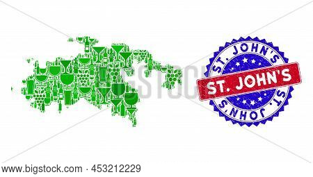 Vector Collage Of Wine Saint John Island Map With Grunge Bicolor St. Johns Seal Stamp. Red And Blue 