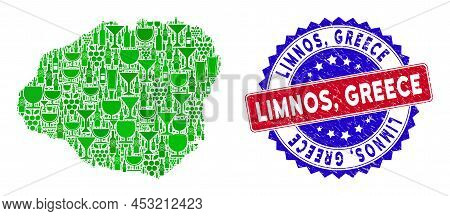 Vector Combination Of Wine Kauai Island Map And Grunge Bicolor Limnos, Greece Seal. Red And Blue Bic