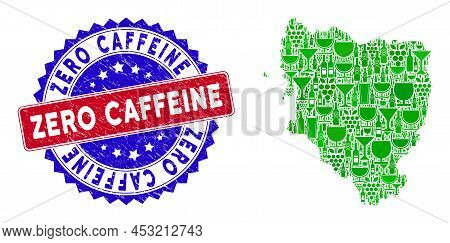 Vector Collage Of Wine Hueska Province Map With Grunge Bicolor Zero Caffeine Seal Stamp. Red And Blu