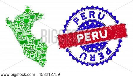 Vector Collage Of Wine Peru Map With Grunge Bicolor Peru Seal Stamp. Red And Blue Bicolored Stamp Wi