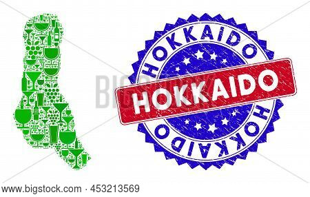 Vector Collage Of Wine Grande Comore Island Map With Grunge Bicolor Hokkaido Stamp. Red And Blue Bic
