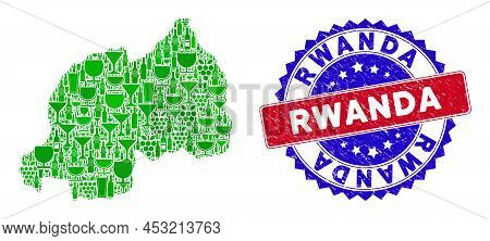 Vector Collage Of Wine Rwanda Map With Grunge Bicolor Rwanda Stamp. Red And Blue Bicolored Stamp Wit