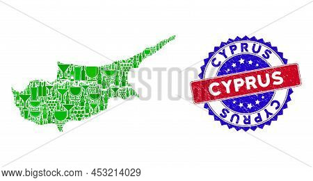Vector Collage Of Wine Cyprus Countries Map With Grunge Bicolor Cyprus Seal Stamp. Red And Blue Bico