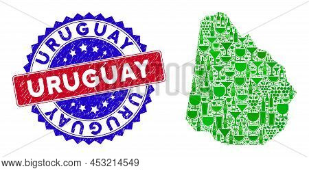 Vector Collage Of Wine Uruguay Map With Grunge Bicolor Uruguay Seal Stamp. Red And Blue Bicolored St