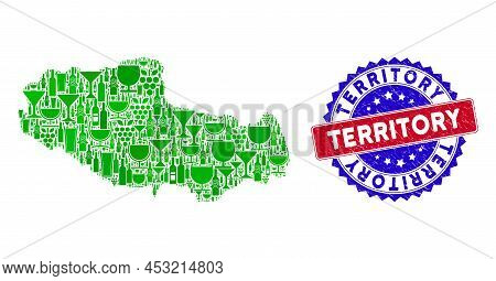 Vector Collage Of Wine Tibet Chinese Territory Map And Grunge Bicolor Territory Seal. Red And Blue B