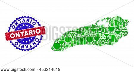 Vector Collage Of Wine Ontario Lake Map And Grunge Bicolor Ontario Stamp. Red And Blue Bicolored Imp