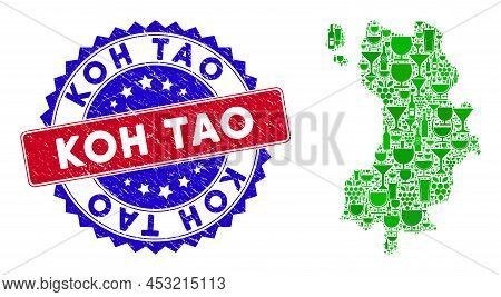 Vector Collage Of Wine Koh Tao Thai Island Map With Grunge Bicolor Koh Tao Seal Stamp. Red And Blue 