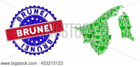 Vector Collage Of Wine Brunei Map With Grunge Bicolor Brunei Seal Stamp. Red And Blue Bicolored Stam