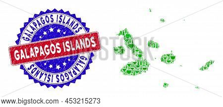 Vector Collage Of Wine Galapagos Islands Map And Grunge Bicolor Galapagos Islands Seal. Red And Blue