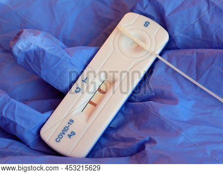 Quick Test To Diagnose Coronavirus Positivity With Nasal Swab And The Result With Two Lines Sign Of 
